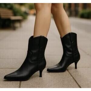 Steven Western Boots Womens Size 10 Black Pointed Toe Kitten Heel Mid Calf